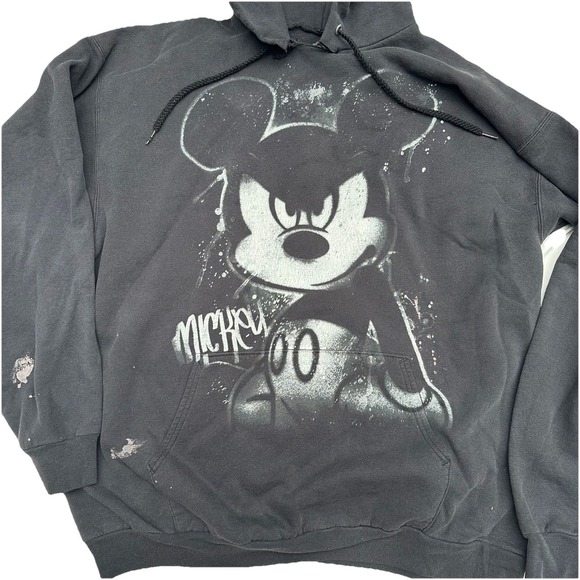 Black Graphic Angry Mickey Mouse Hoodie Cut Neckline Size XL Paint Stains Disney - Picture 2 of 7